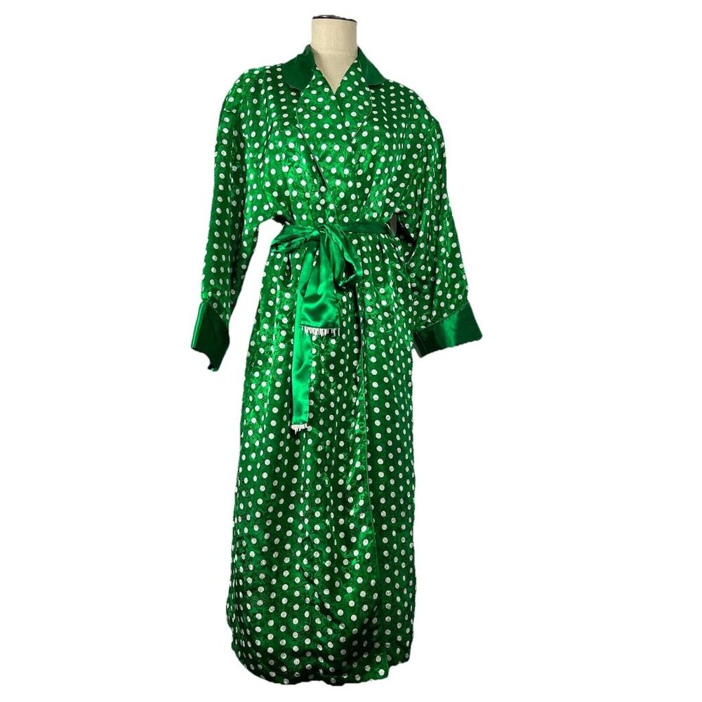 Victoria's Secret Satin Gold Label Green White Polka-a-dot Robe Kimono Size S
